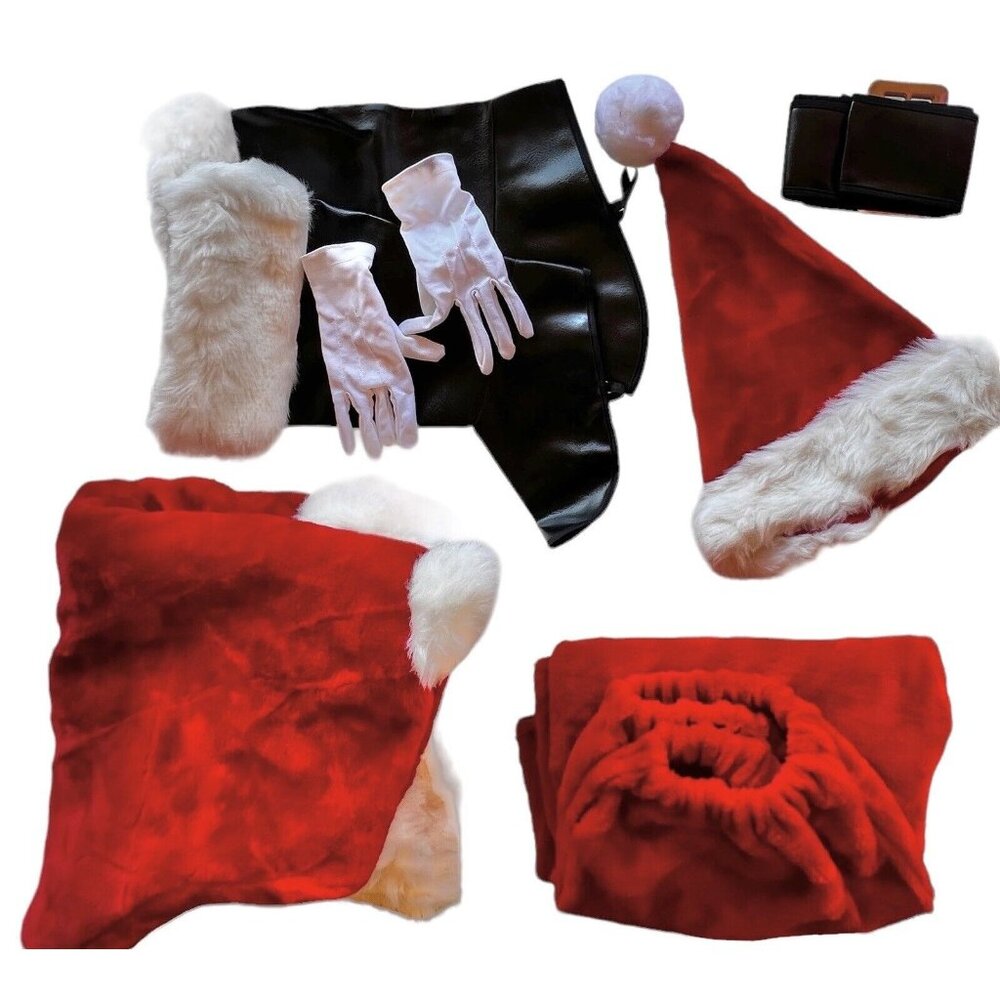 XL Santa Suit 7 pc Plush Exc. Cond. Jacket Pants Belt Gloves Shoe Wig Beard Hat